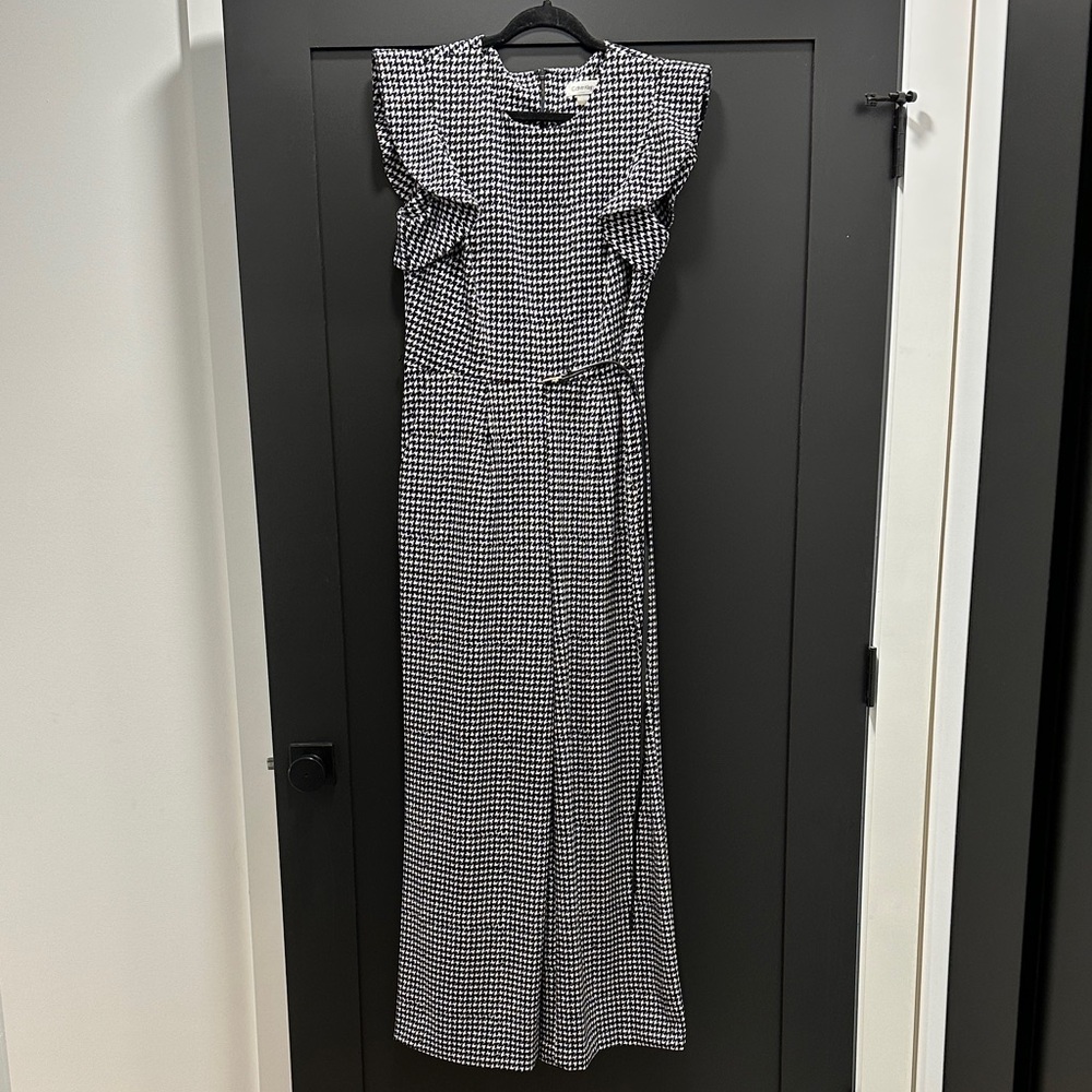 Calvin Klein Black and White Houndstooth Ruffle-Shoulder Jumpsuit
